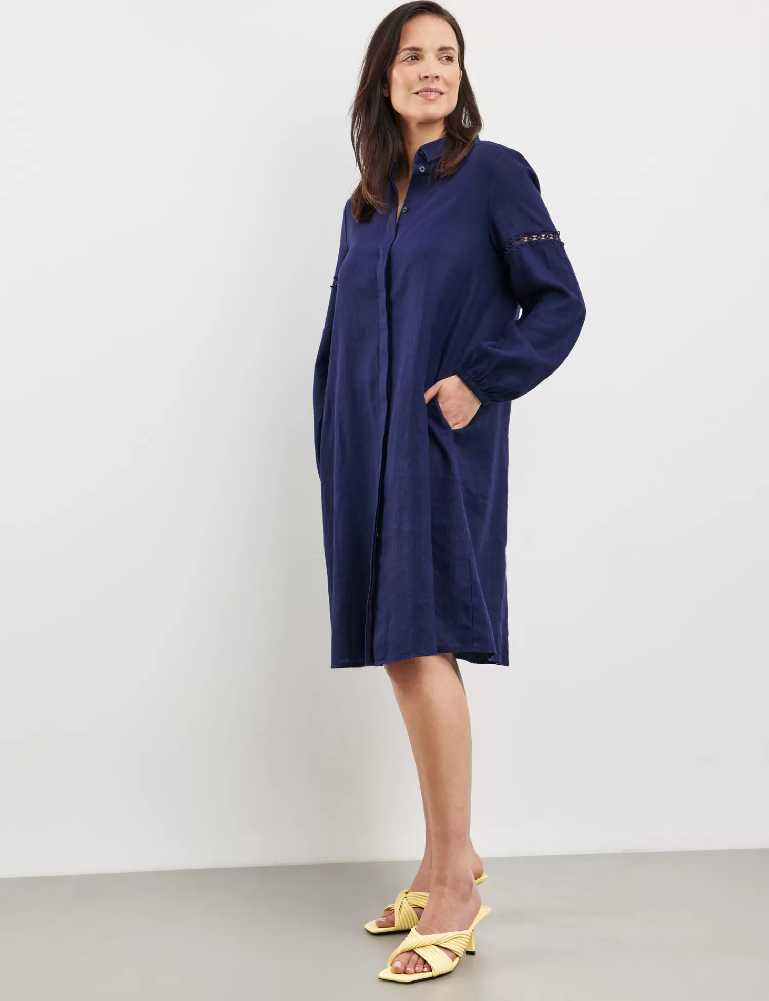 Discount Blusenkleid Aus Leinen Mit Loch-Stickerei Damen Sommerkleider